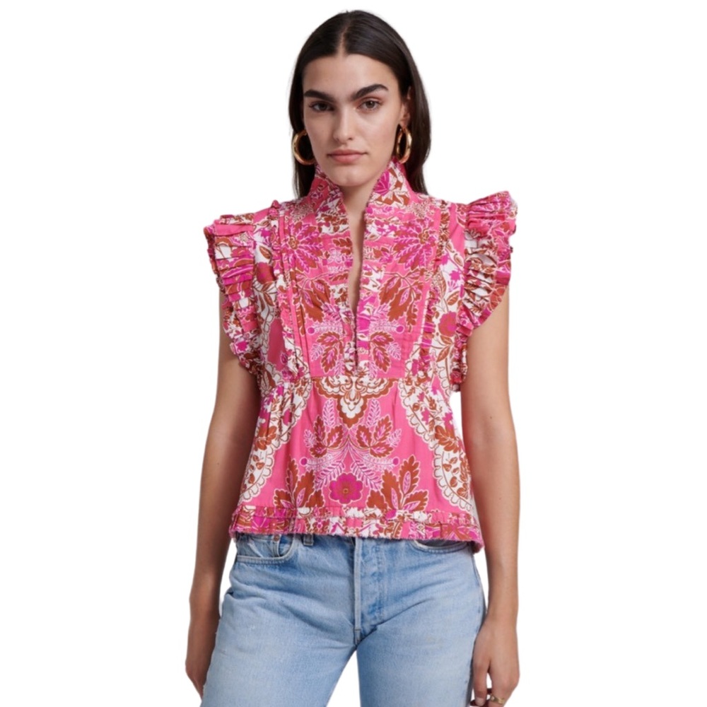 Anthropologie Love The Label Berna Floral Ruffled Top in Clementine Pink Print - Picture 7 of 8